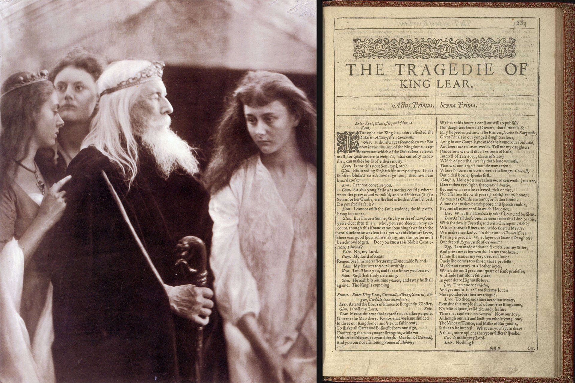 Links: König Lear und seine Töchter. Fotografie von Julia Margaret Cameron, 1872; Rechts: Erste Folio-Ausgabe von King Lear, 1623